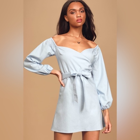Lulu’s Pure Serenity Light Blue Off-the-Shoulder Puff Sleeve Mini Dress Med NWT - Picture 2 of 11